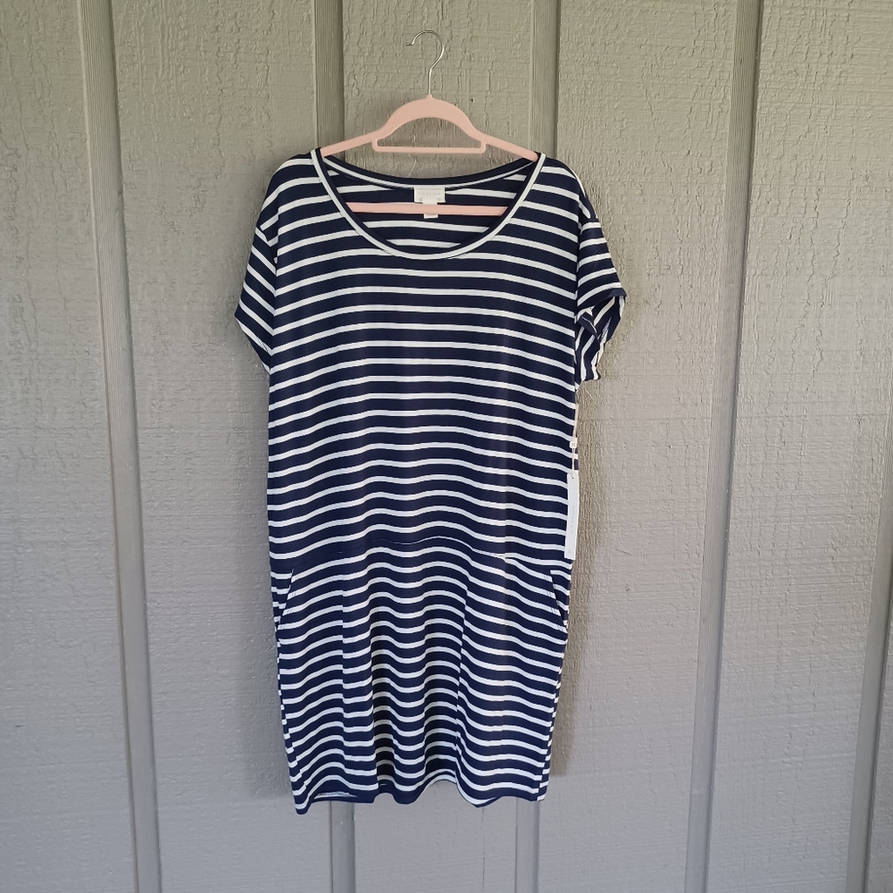 Caslon Striped Mini Dress Size L Women Preppy Pockets Short Sleeve Rayon Blend